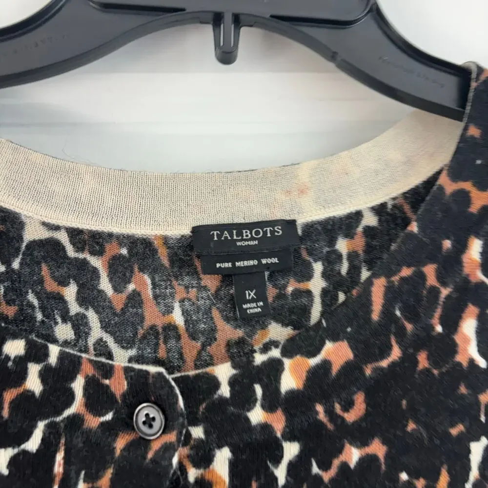Talbots Leopard Print Cardigan Sweater L 100% Merino Wool Button Front